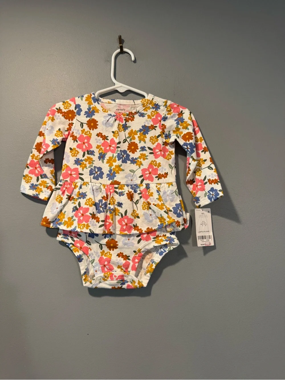 *Carter's Floral Peplum Long-Sleeve Bodysuit - Pink, Blue & Yellow Flowers